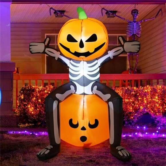 Halloween Inflatable 5FT Skull Skeleton Pumpkin Head with...
